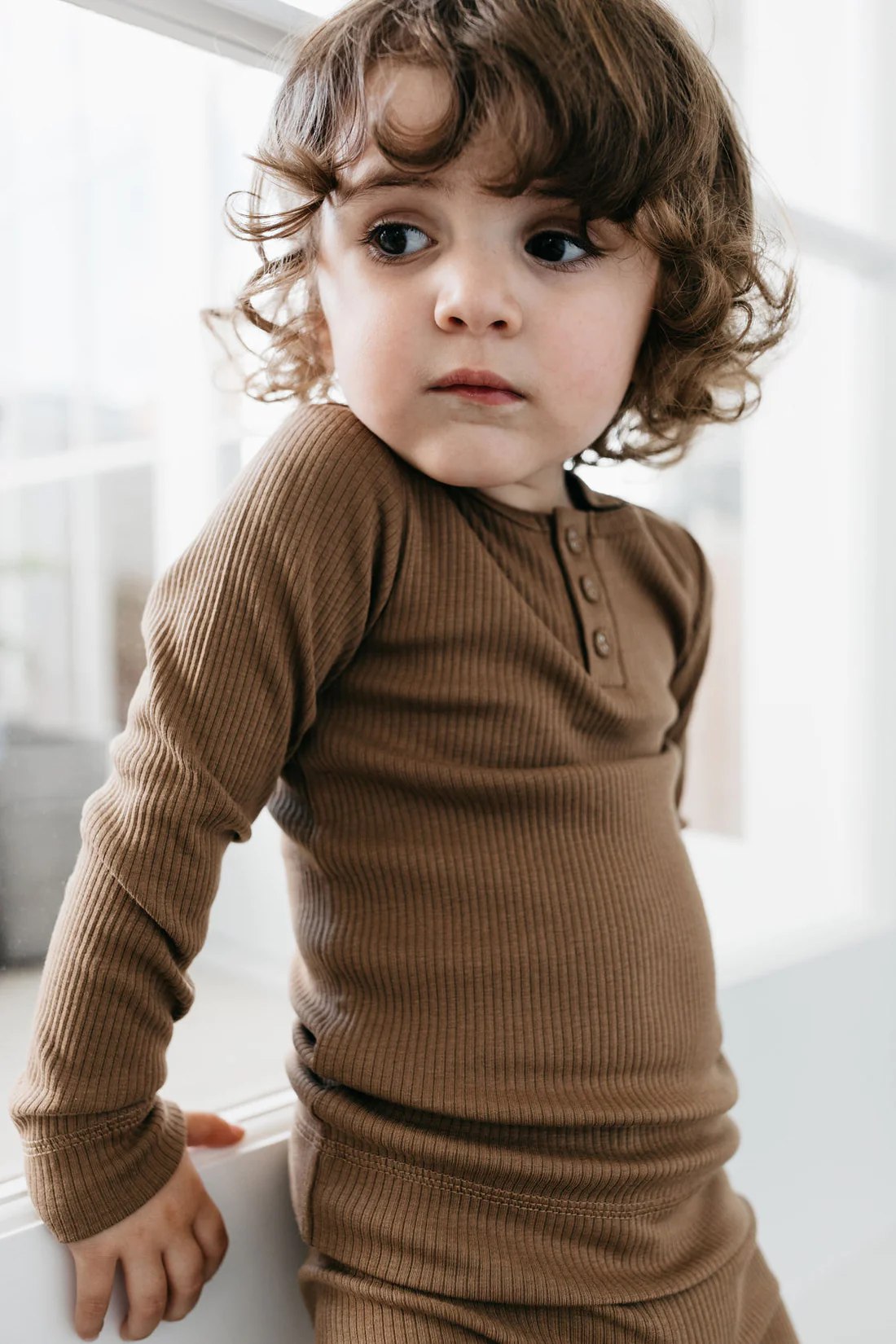 Organic Cotton Modal Long Sleeve Henley - Crème Caramel