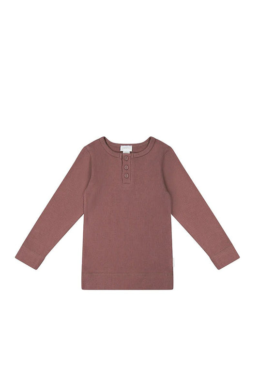 Organic Cotton Fine Rib Henley - Berry Tea