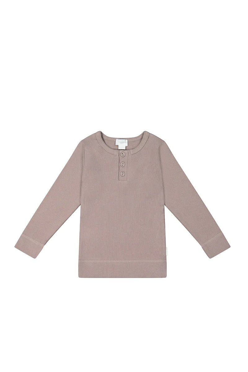 Organic Cotton Fine Rib Henley -Softest Mauve (1YR)